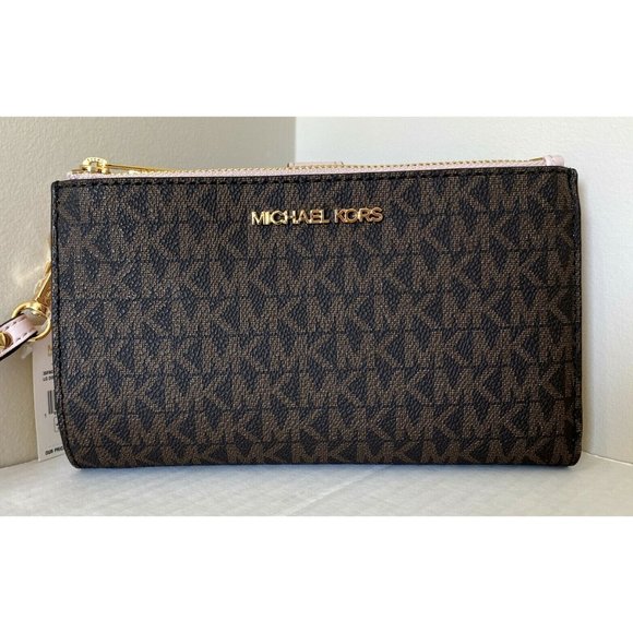 New Michael Kors Jet Set Travel Double zip wristlet wallet Brown / Blush multi - Picture 4 of 6